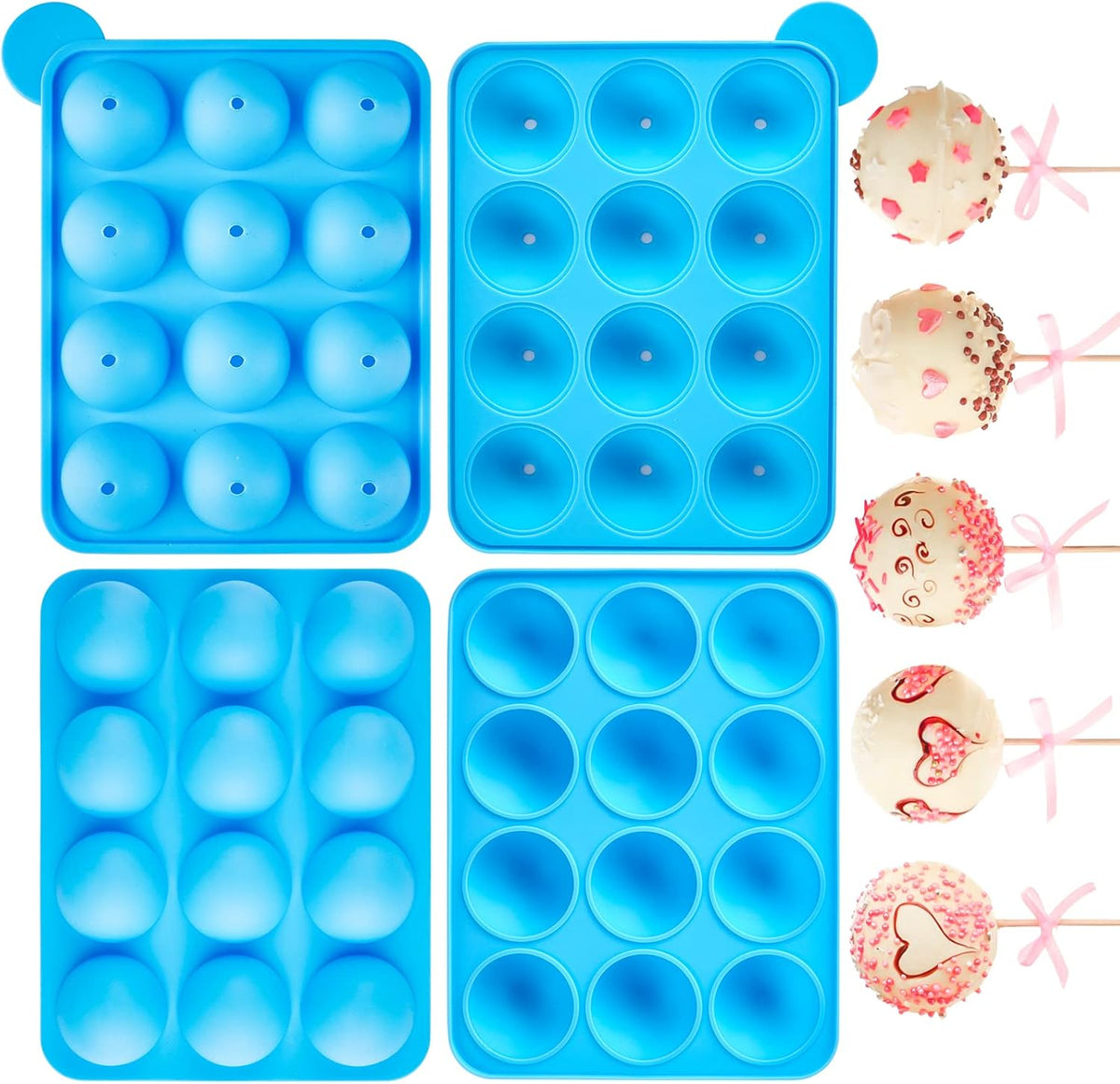 Kucoele Cake Pop Mold Set, Including 15 Hole Clear Acrylic Lollipop Display Stand Holder, 12 Cavity Blue Silicone Cake Pop Mold, Cake Pop Sticks Treats Bags and Twist Ties
