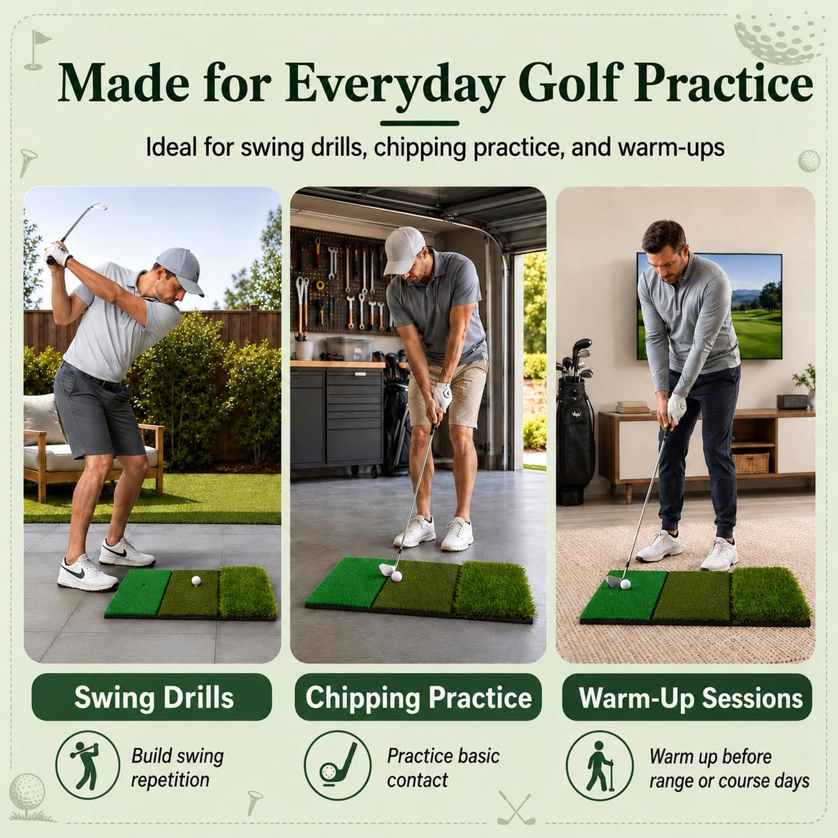 CalmBloom Golf Practice Mat 3-in-1 Turf Golf Hitting Mat for Swing, Putting & Chipping | Portable Golf Training Mat Indoor/Outdoor, Golf Mat with 8 Tees