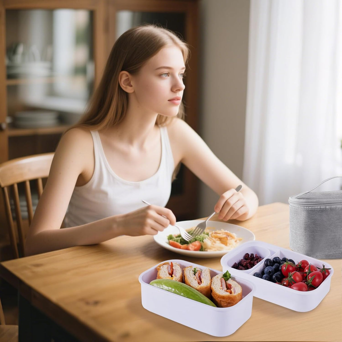 Lunchneo bento box for adults, separate for men and women, set of utensils and dipping containers, cute Japanese bento box, microwave heatable(White)