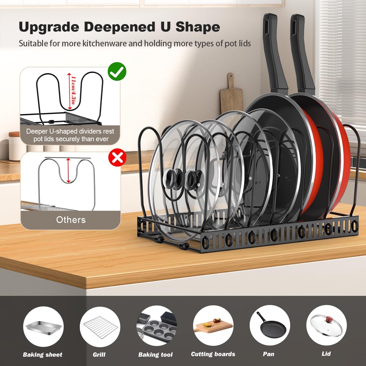 Housolution Pot and Pan Organizer Rack for Cabinet, Pot Lid Organizer with 7 Adjustable Dividers, Pan Holder Storage Rack for Kitchen Cabinet, Black