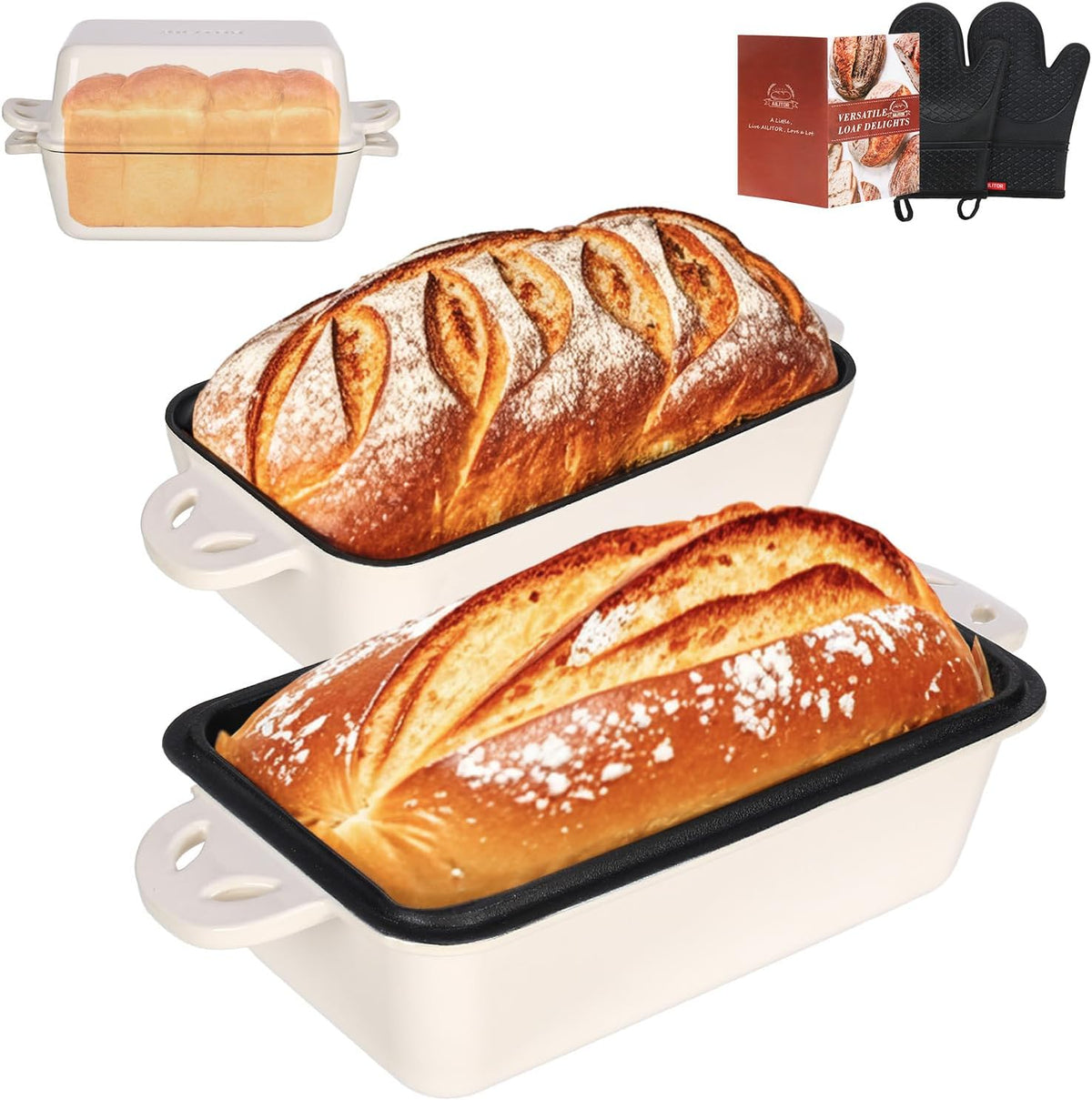 9x5 Enameled Cast Iron Loaf Pan with Lid - 2 in 1 Bread Pan for Baking Homemade Sourdough