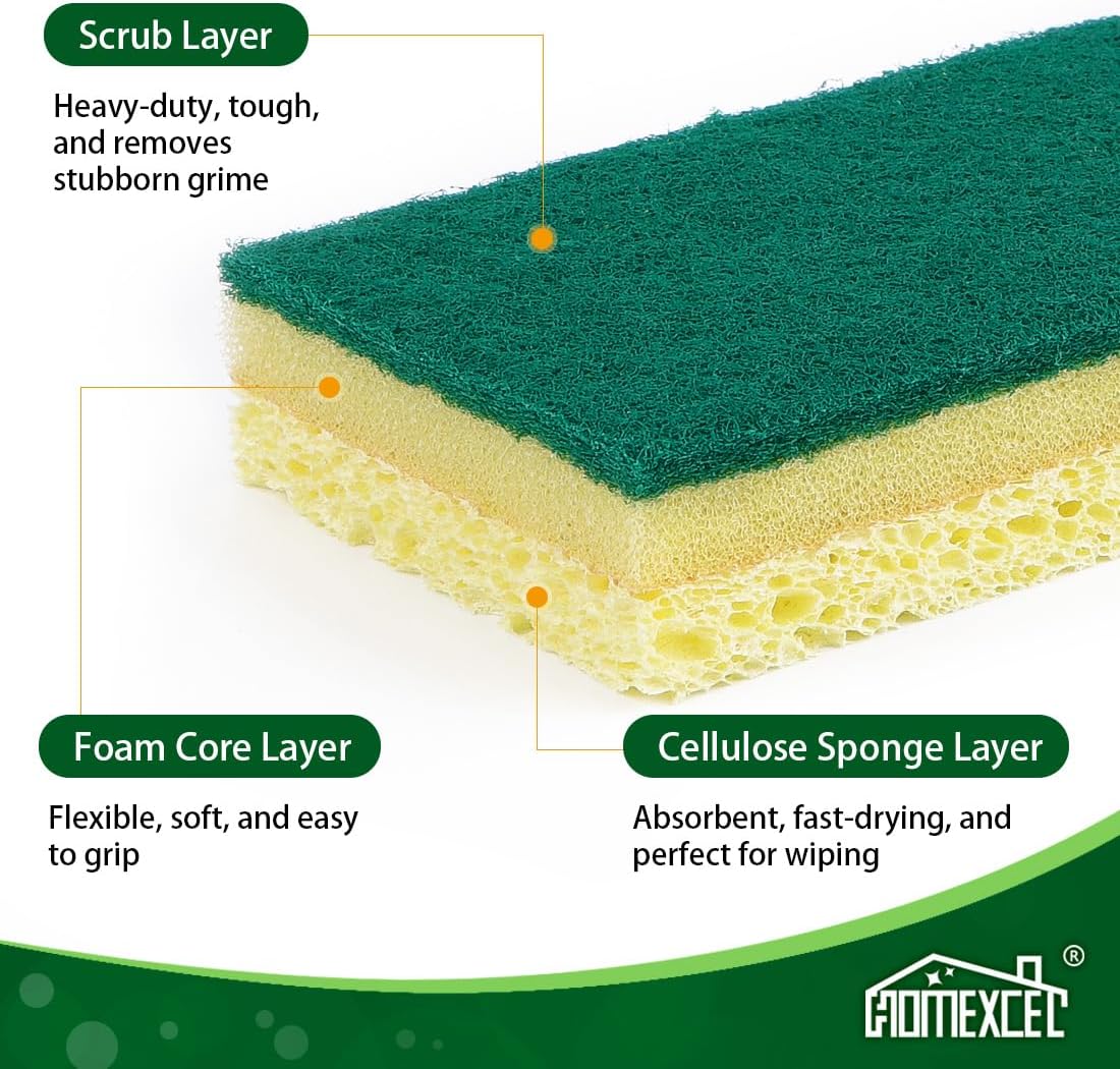 HOMEXCEL Sponges Kitchen 24pcs, Heavy Duty Sponges for Dishes, Scrub Cleaning Sponge for Non-Coated Cookware, Dishes, Pots, Pans, Dual Sided Dish Sponge for Kitchen, Household, Bathroom and More