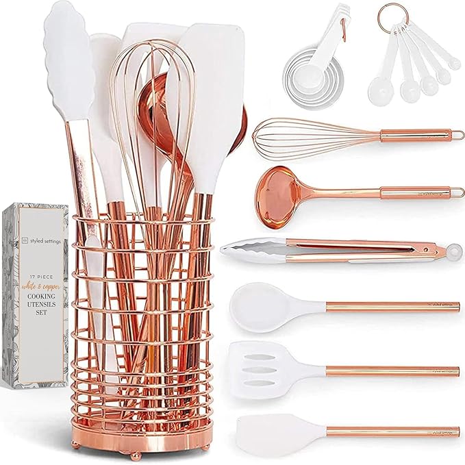 White Silicone and Copper Kitchen Utensils Set with Holder - 17-Piece Rose Gold Cooking Tools for Nonstick Cookware, with Measuring Cups, Spoons, & Utensil Holder - Stylish Copper Kitchen Accessories