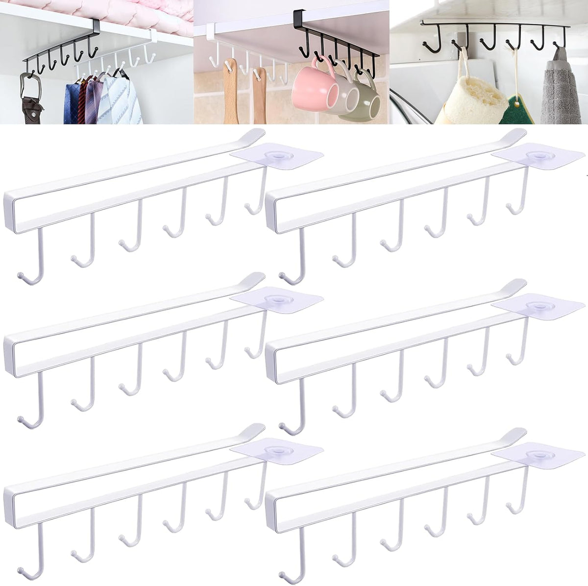 6PCS Mug Hooks Under Cabinet,Mug Holder Under Shelf,Coffee Cups Holder Hanger with 6 Hooks for Kitchen Utensils,Fit for 0.95 inch Thickness or Less,Drilling Free (White)