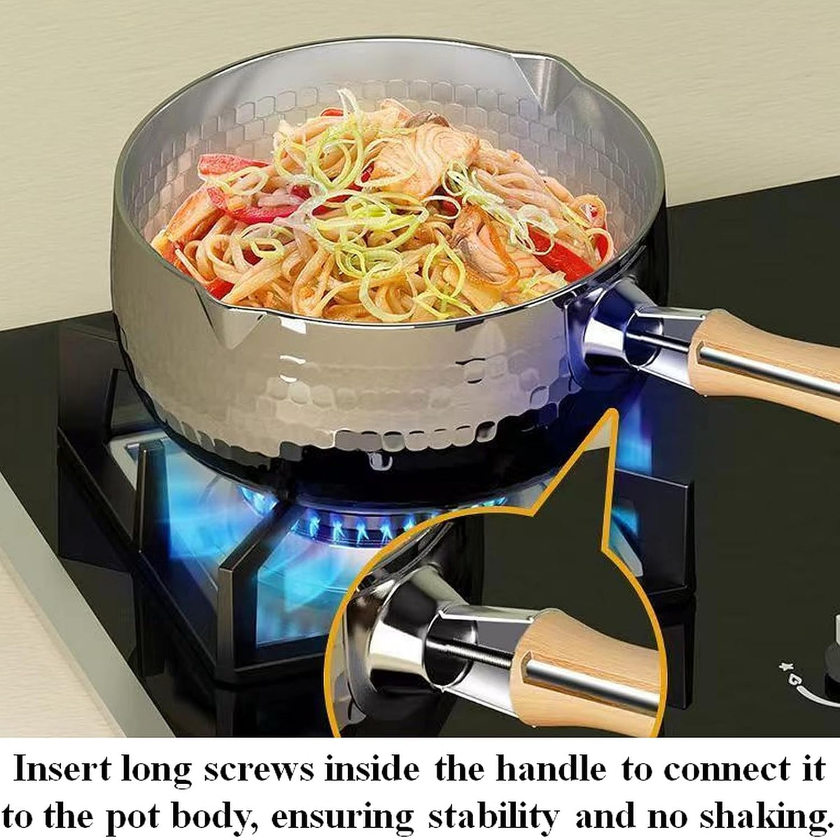 Thickened 304 Stainless Steel Pot, Solid Wood Anti Scald Handle With Hook, Multifunctional Sauce Pot with Inverted Mouth, Milk Pot, Cooking Pot (1.7 Quarts)