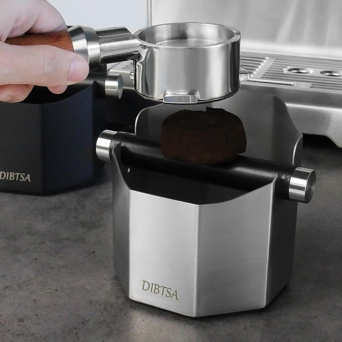 DIBTSA Espresso Knock Box, with Removable Knock Bar and Non-Slip Rubber Base, Espresso Accessory, Stainless Steel, Silver, Small