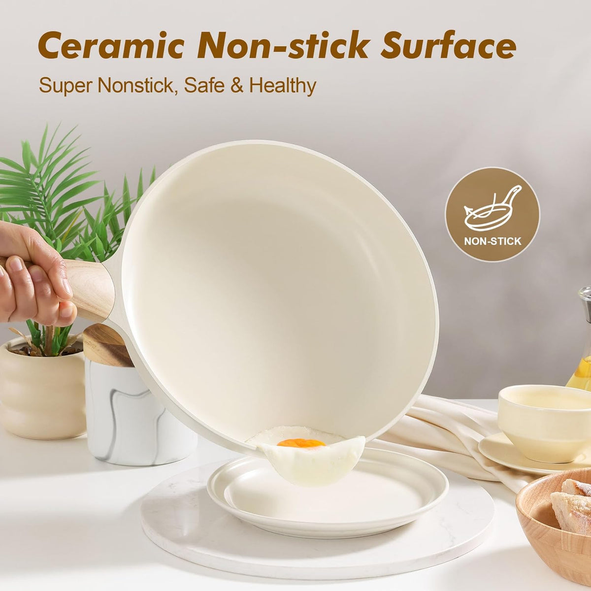 SENSARTE Ceramic Nonstick Frying Pan Skillet with Lid 11inch Non Stick Omelet Pan, Non-toxic Healthy Kitchen Cooking Chef's Pan, Free of Intentionally Added PFOA/PFAS/PTFE, Induction Compatible, White