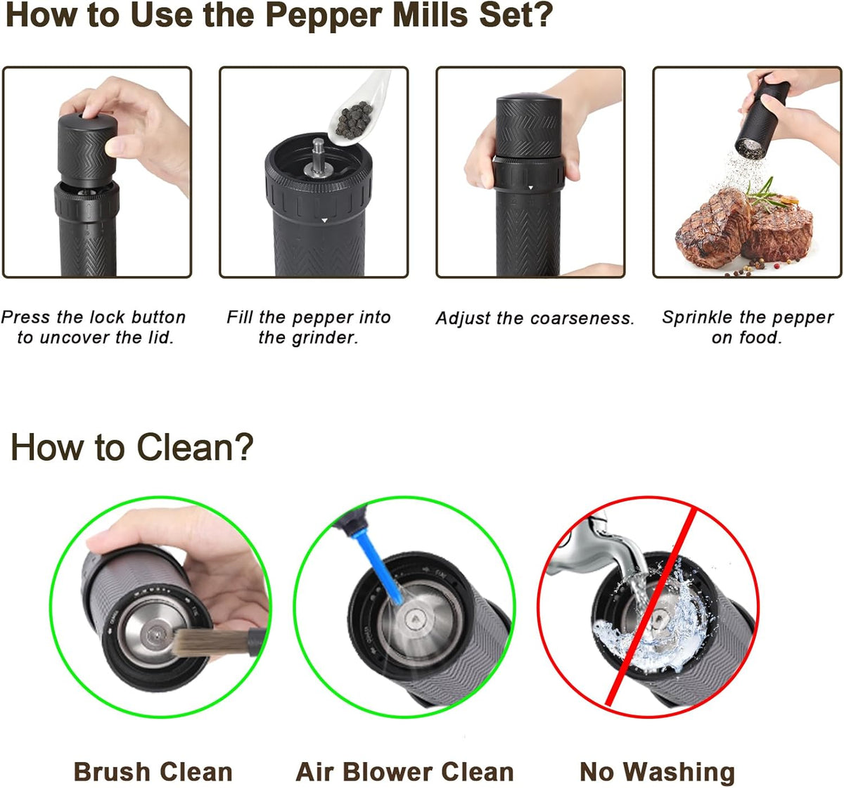 Heavy Duty Manual Pepper Grinder with More Pepper Output, Professional Grade Pepper Mill Refillable Set and Coarseness Can Be Adjusted Externally