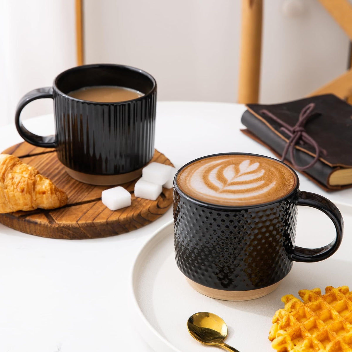 GBHOME 15OZ Stackable Coffee Mugs, Ceramic Coffee Mugs with Texture Patterns for Man,Woman,Dad,Mom, Modern Coffee Cups Set of 4 for Latte/Cappuccino/Cocoa. Dishwasher&Microwave Safe，Black