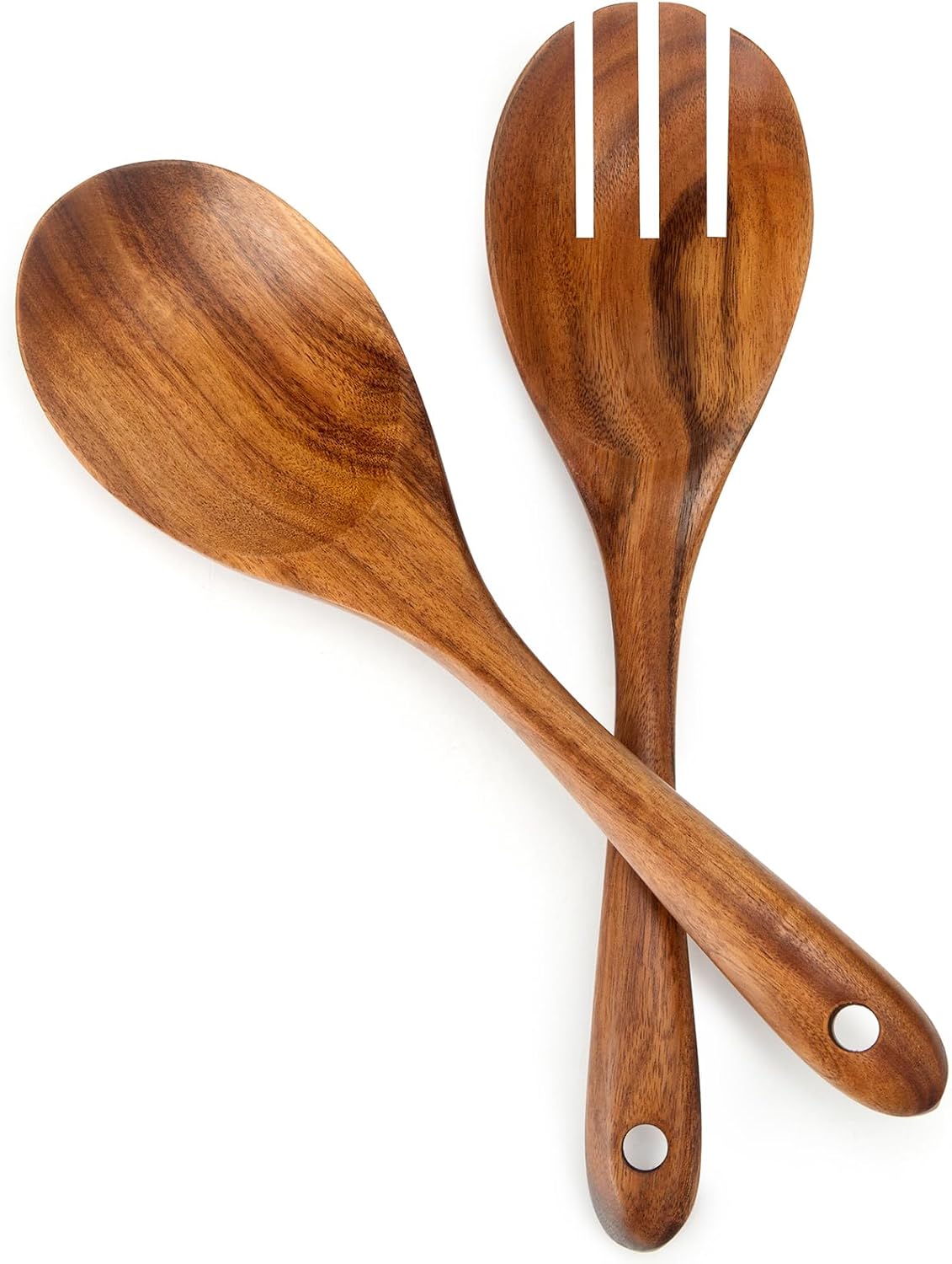 Teak Wooden Salad Spoon and Fork10.2-Inch, Wooden Salad Spoons and Sporks Set with Ergonomic Handle, Teak Wood Serving Spoons for Cooking (1 Spoon + 1 Fork)