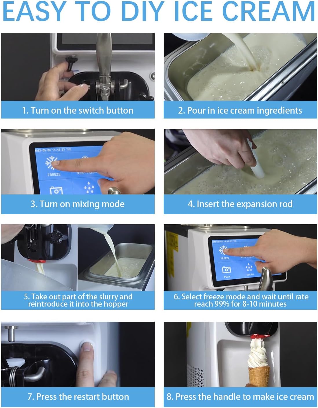 Soft Serve Ice Cream Machine, 7 Inch Screen Ice Cream Maker Machine 4.2 to 4.6 Gal/H Ice Cream Maker Machine with Pre-Cooling Soft Serve Machine with 1.6 Gals Tank for Party Store School Home ETL