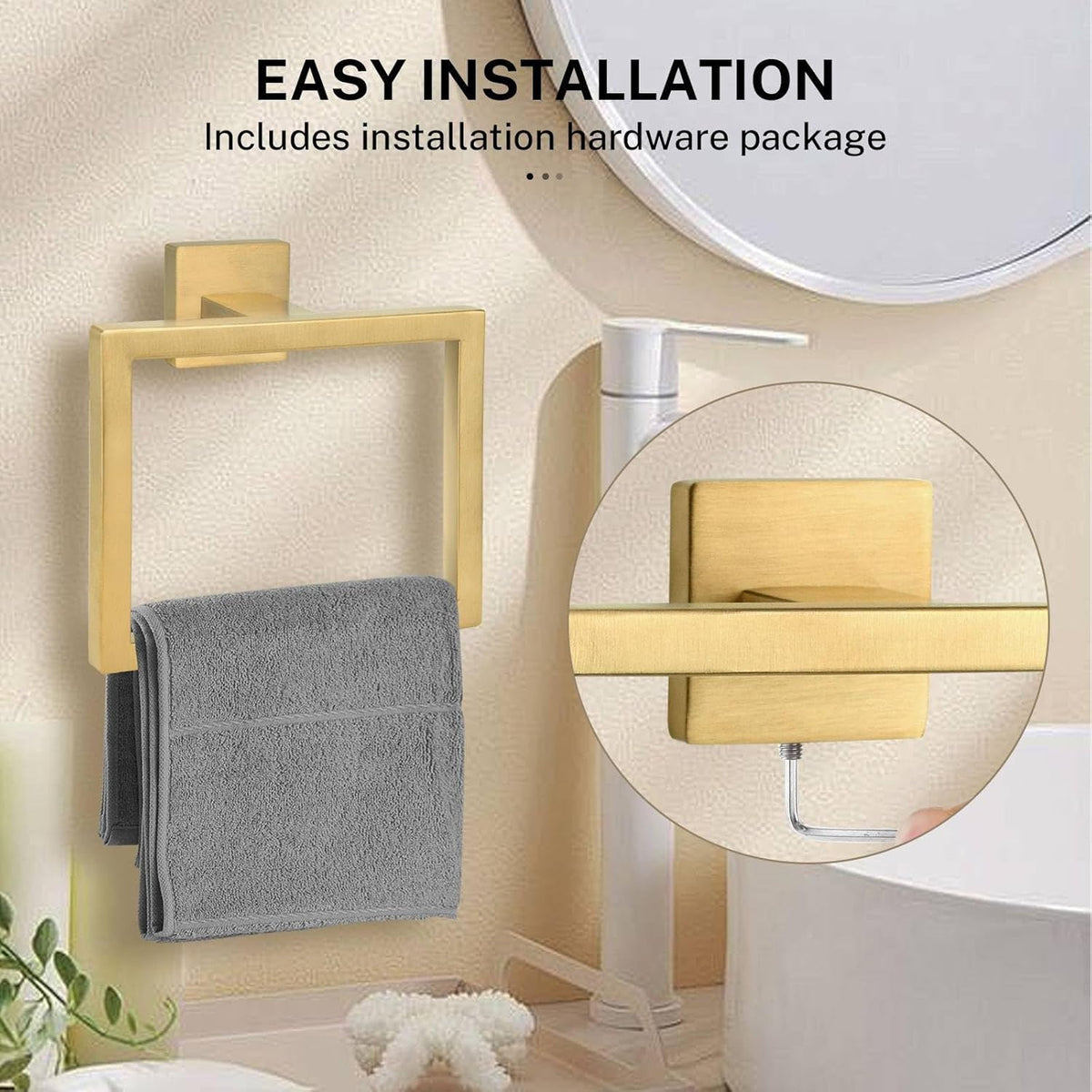 2-Piece Brushed Gold Square Towel Ring,Hand Towel Holder,SUS304 Stainless Steel Modern Towel Holder Wall-Mounted Bathroom Towel Ring