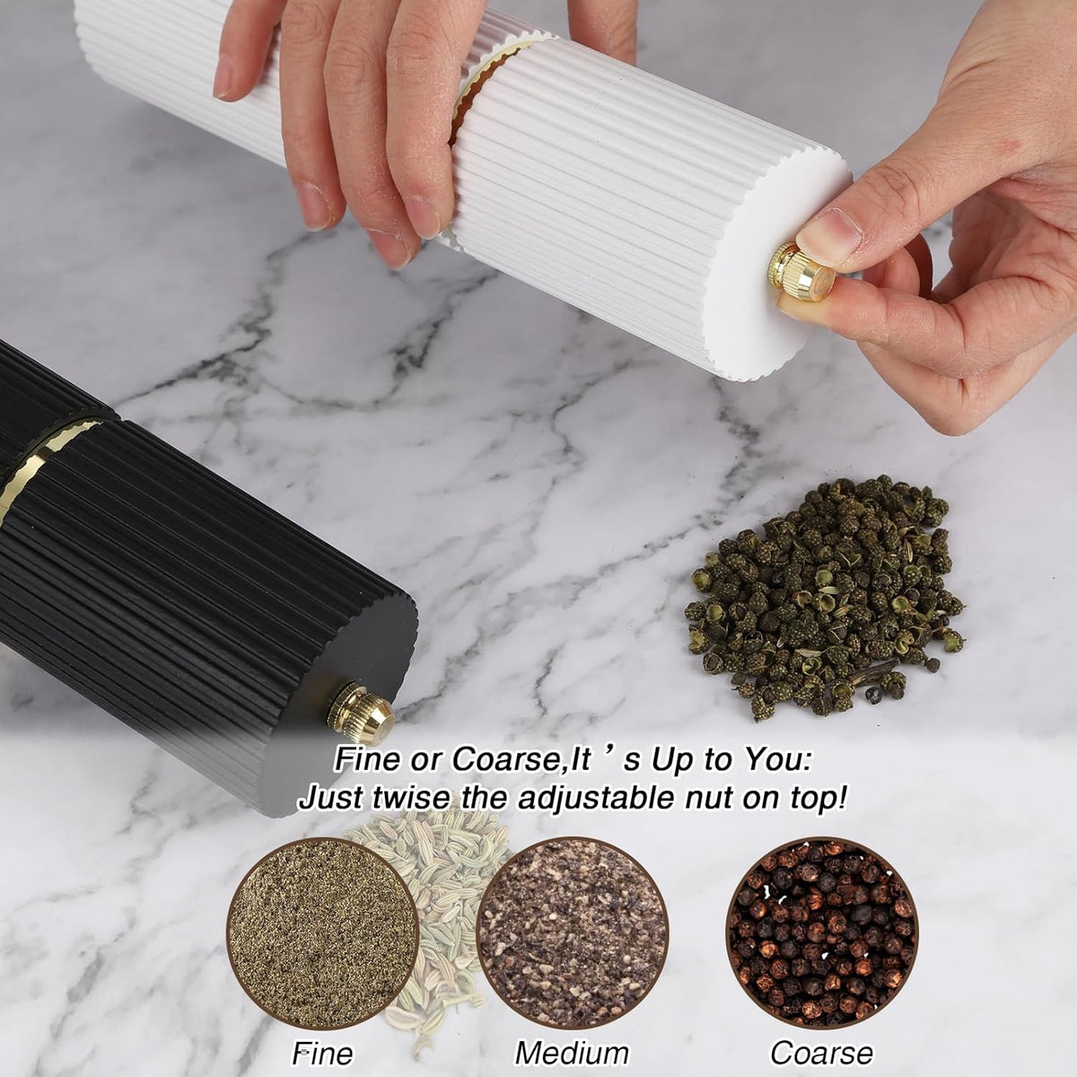 Wooden Salt and Pepper Grinder Set with Gold Accents, Refillable Salt and Pepper grinder with adjustable Coarseness, Pepper Mill Manual,Salt and Pepper Shakers With Tray-Ideal for Gifting