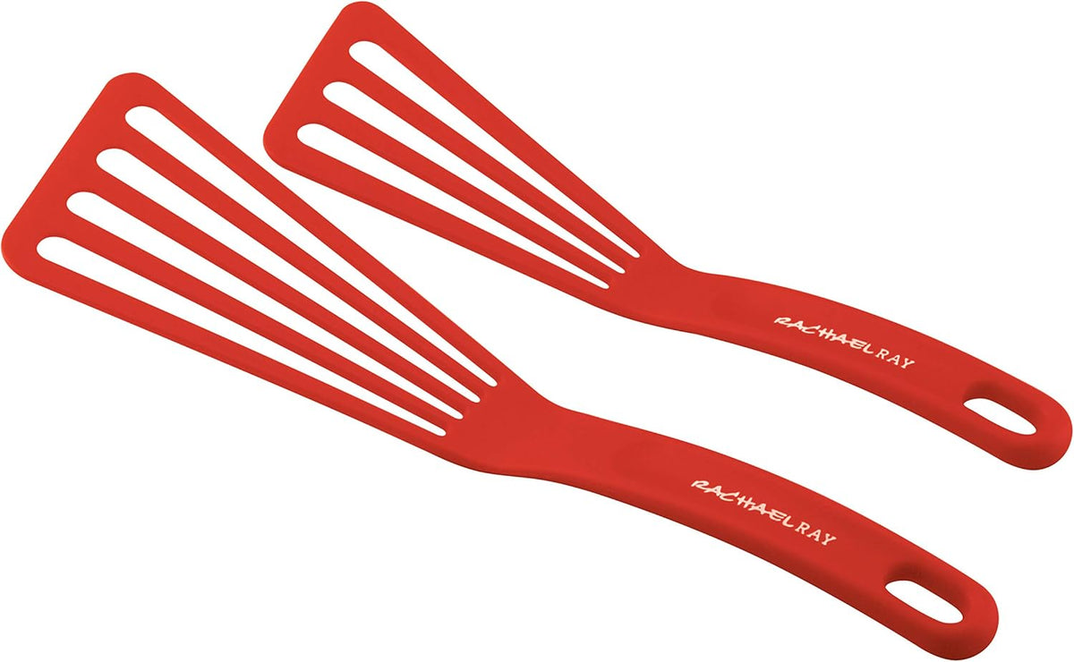 Rachael Ray Cucina Nonstick Bakeware Set Baking Cookie Sheets Cake Muffin Bread Pan, 10 Piece, Latte Brown with Cranberry Red Grips & KitchenTools and Gadgets Nylon Cooking Utensils, 2 Piece, Red