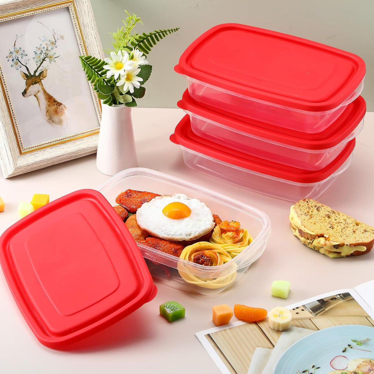 18 Pcs 33 Oz/ 4 Cups Plastic Food Storage Containers with Lids Portion Box Sets with Cover Stackable Plastic Containers with Lids Microwave Freezer Dishwasher Safe (Red)