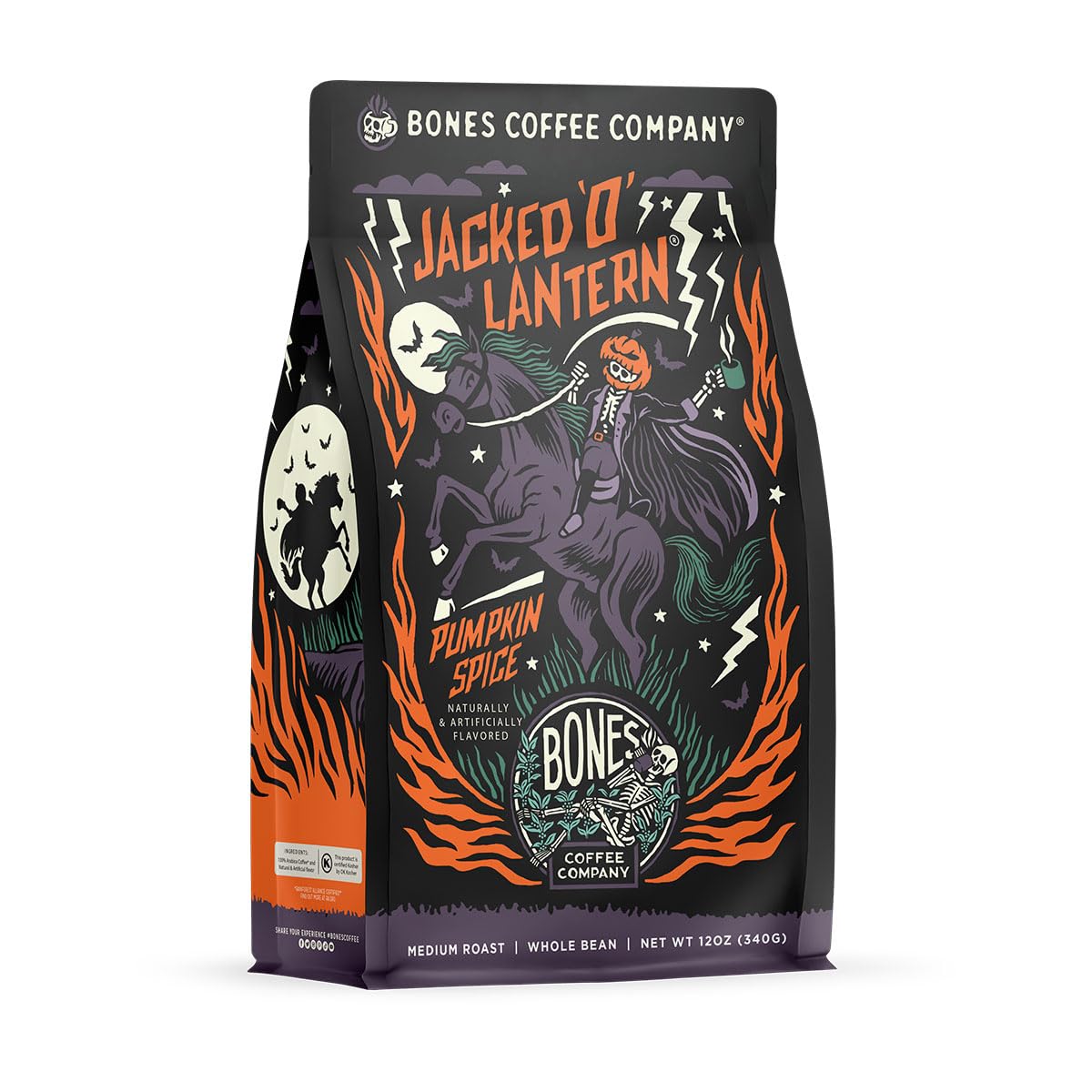 Bones Coffee Company Jacked 'O' Lantern, Pumpkin Spice Flavored Coffee, Medium Roast Low Acid Arabica Beans Compatible with Auto drip and French Press Coffee Maker, 12 Oz Whole Bean