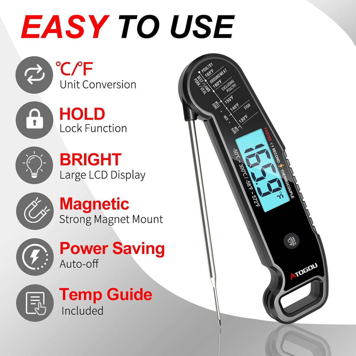 Professional Food & Meat Thermometer, 1 Sec Instant Read & ±0.5℉ Accuracy Driven by Thermocouple Sensor. IP67 Waterproof Digital Thermometer for Cooking, BBQ, Grill Gifts for Men Him Dad Birthday