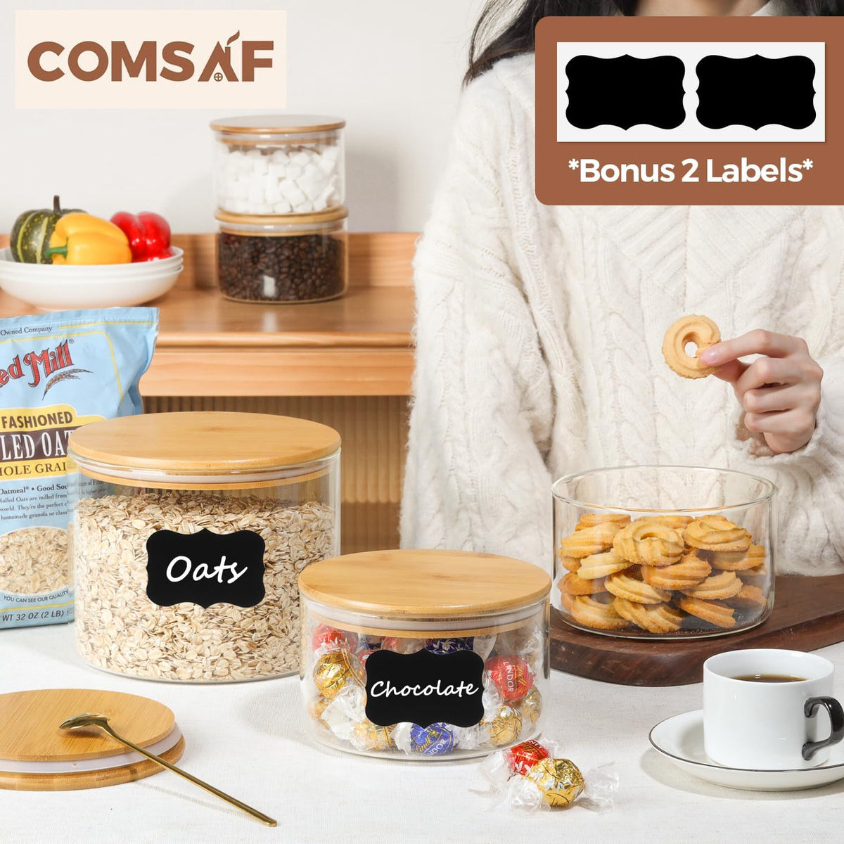 ComSaf Glass Food Storage Containers, 100 oz/44 oz Glass Flour and Sugar Containers with Airtight Lids, 7.1'' Wide Mouth Large Glass Jars with Bamboo Lid for Rice, Pasta, Oats, Grains, Cookie, Candy