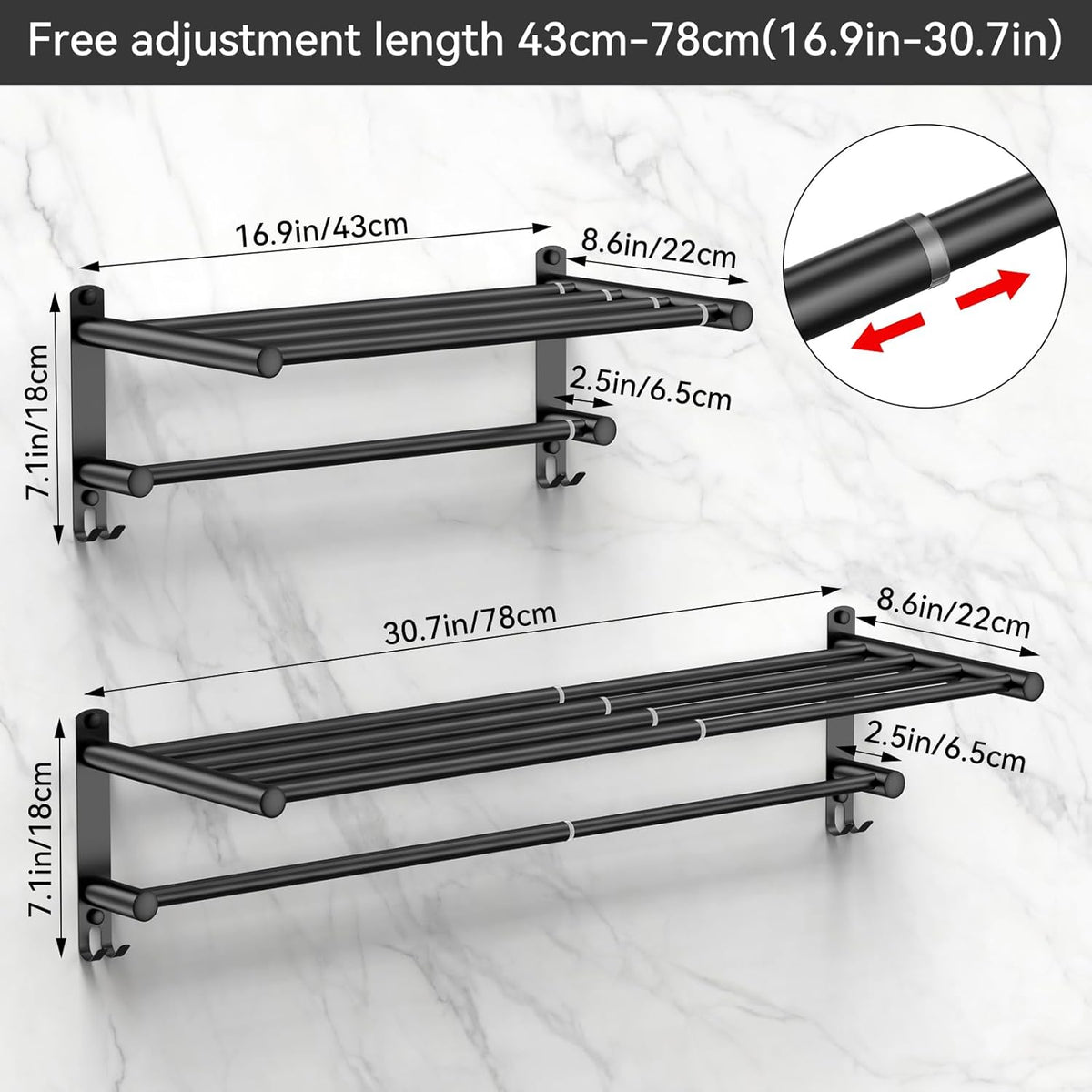 Adjustable Towel Bar for Bathroom Wall Mount17-30.7inch Adhesive Shower Towel Rack Stainless Steel Bath Towel Holders for Toilet Kitchen Double Towel Hanger (Black 2-Layer Towel Rack)