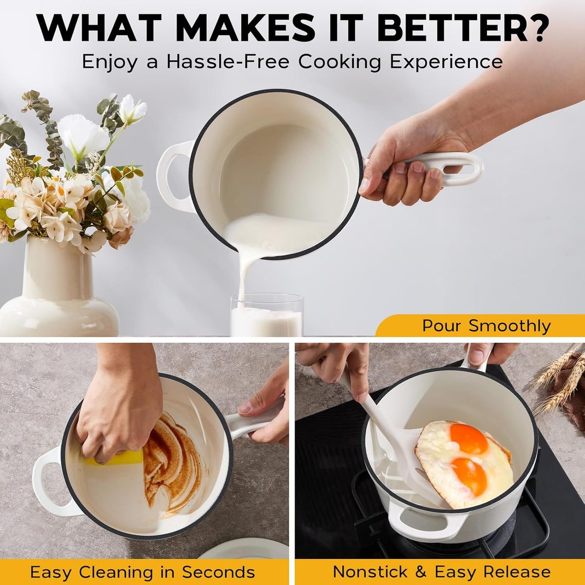 1QT Sauce Pan, Onader Enameled Cast Iron Saucepan Dutch Oven Pot with Lid, Small Cooking Sauce Pot, Nonstick & Oven Safe – White