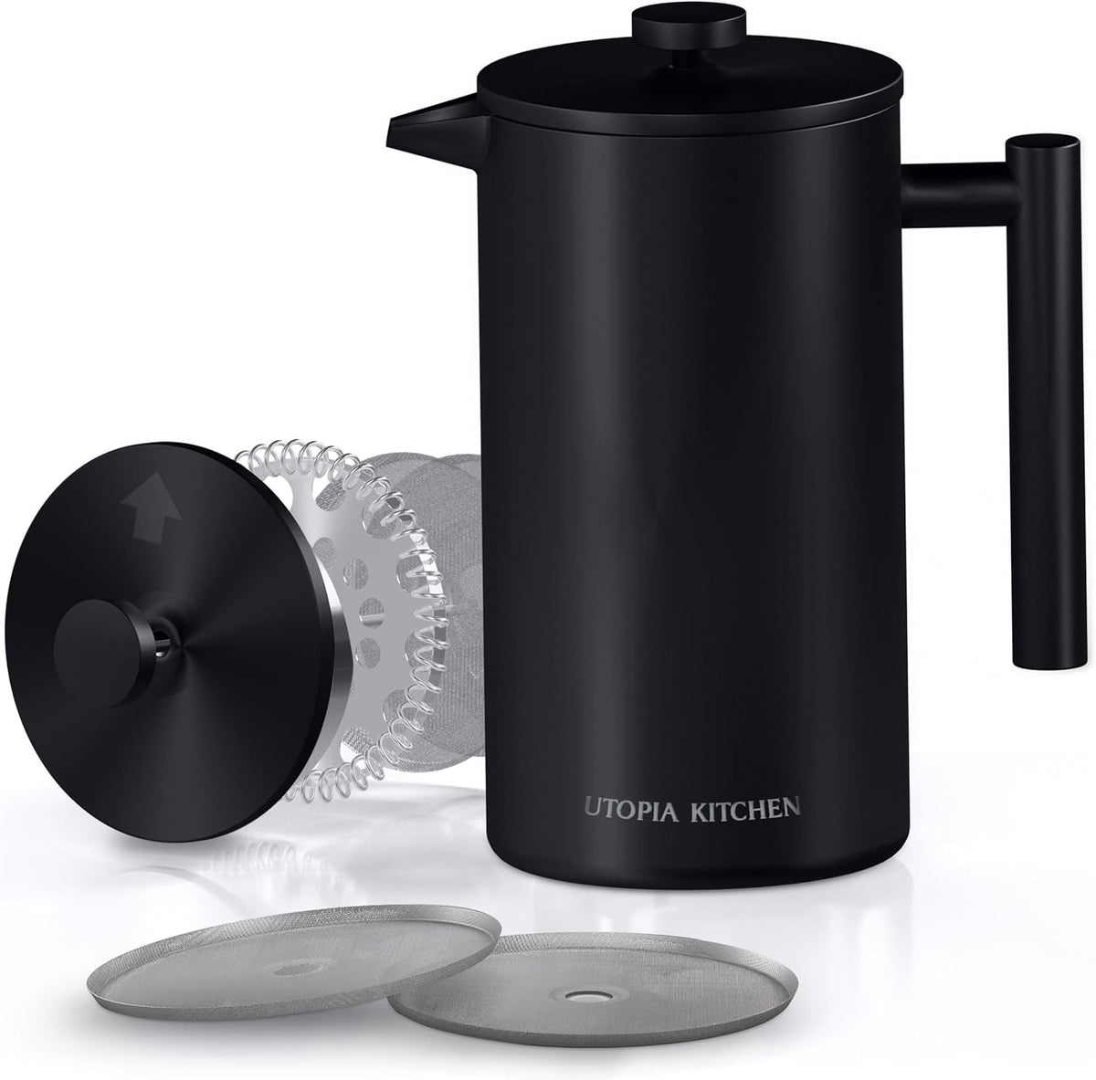 Utopia Kitchen Stainless Steel French Press Coffee Maker 34 Oz (1 Litre) with 2 Extra Filters, French Press Coffee & Tea Maker for Kitchen & Camping, Cold Brew Cafetiere, Black