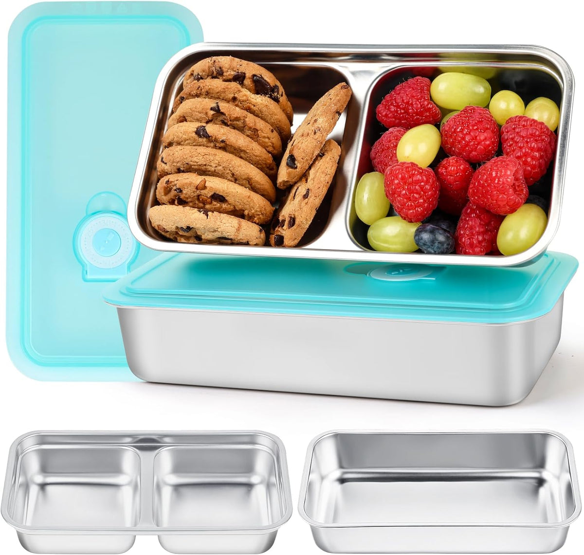 YQL 2 Pack Stainless Steel Food Containers with Lids, Double & Single Compartment Snack Boxes for Kids, Leakproof Reusable Bento Box for Lunch Prep, Travel, School, Camping