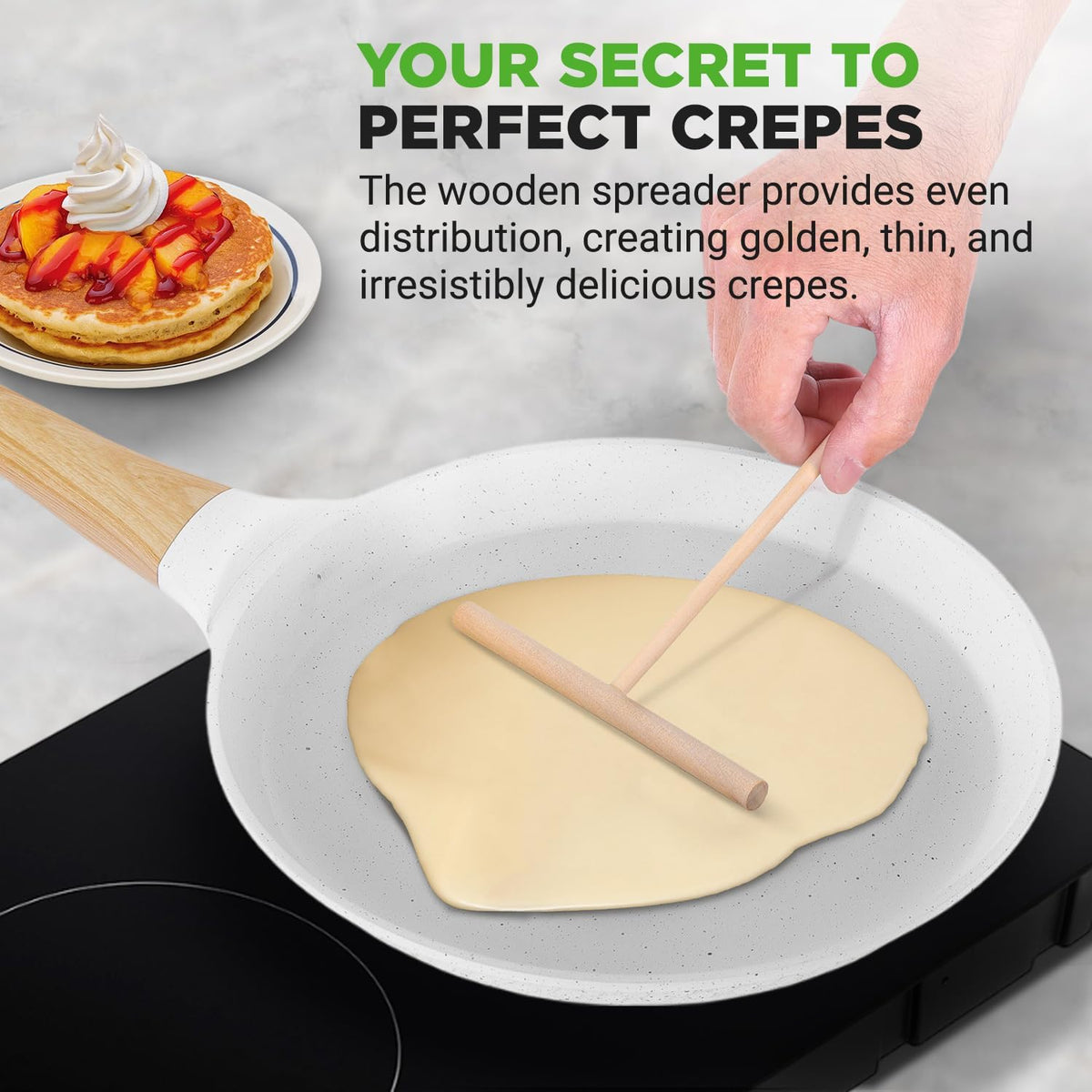 NutriChef 11” Non-Stick Crepe Pan with Wooden Spreader, Durable Marble Coated Dosa Pan, Bakelite And Wood Handle With Induction Bottom, Easy-to-Clean, Stain-Resistant (White Cream Marble)