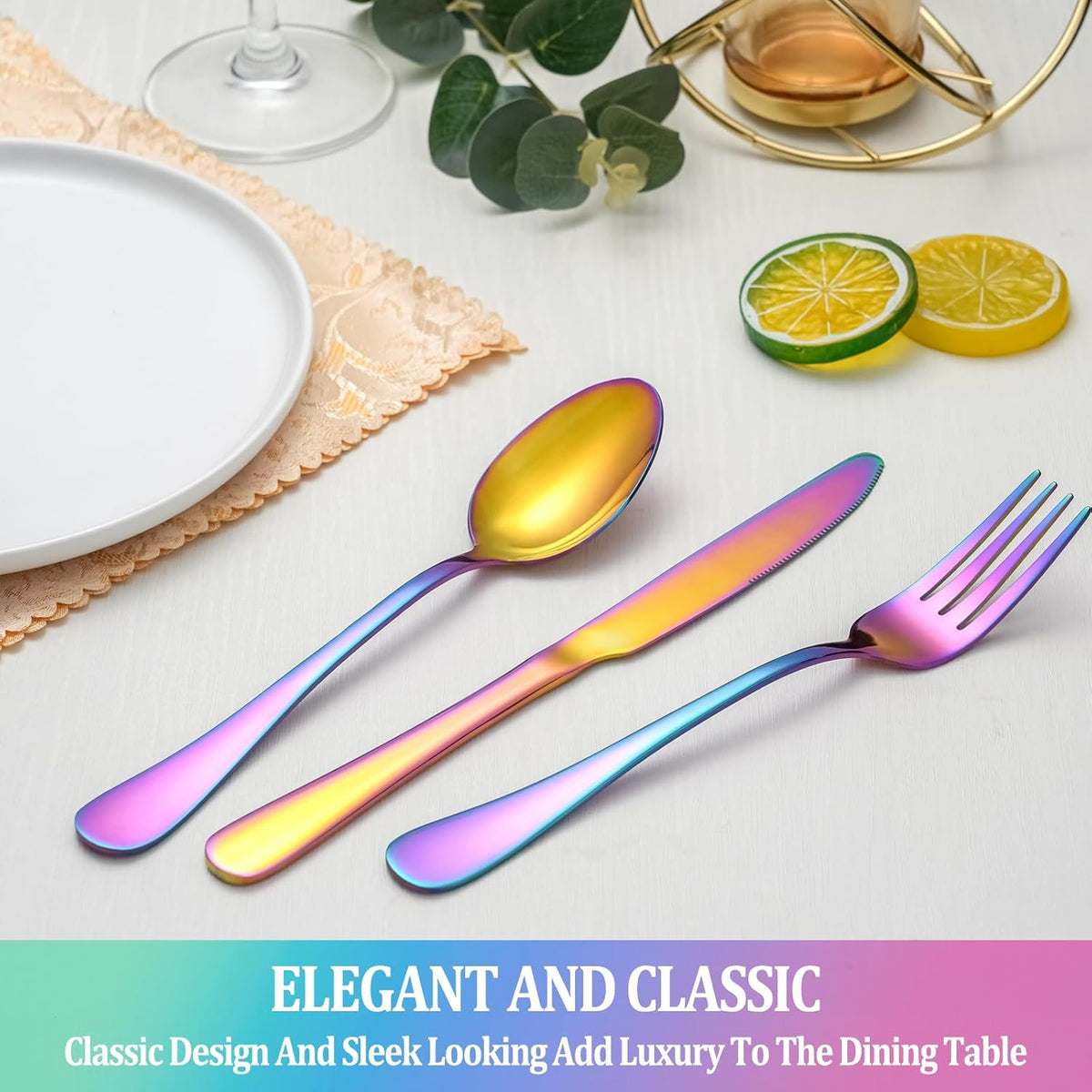 40 Pcs Rainbow Silverware Set Service for 8,Stainless Steel Flatware Serving Sets,Kitchen Tableware Set,Utensil Set for Home and Restaurant,Knives Forks Spoons Set,Mirror Polished,Dishwasher Safe