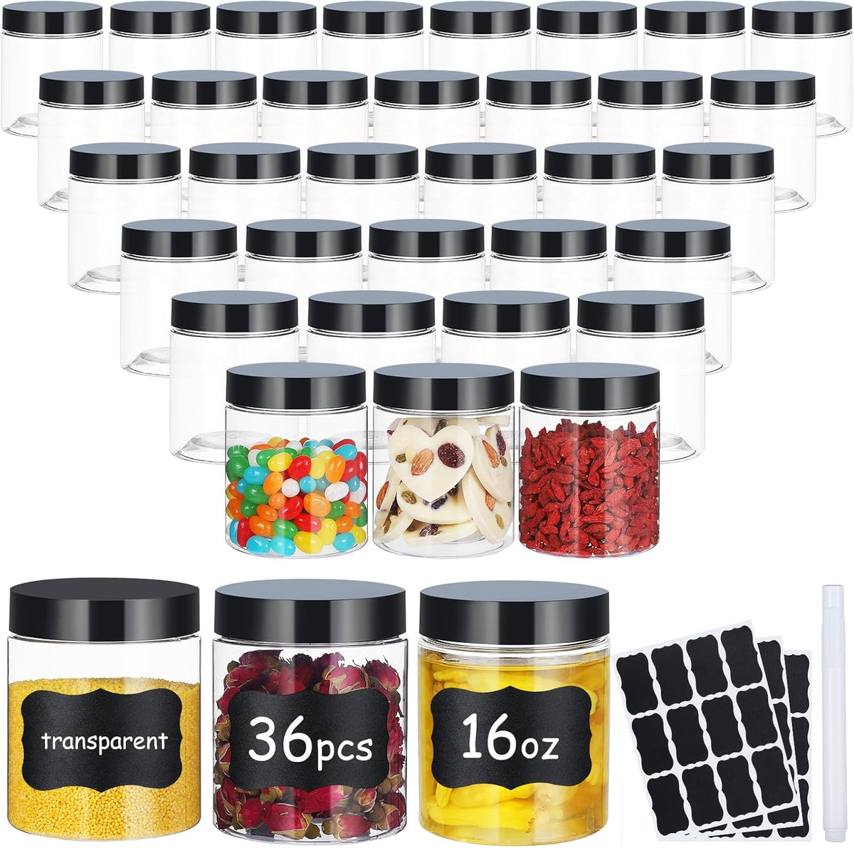 36pcs 16 oz Plastic Containers with Lids Labels Leak Proof BPA Free Airtight Refillable Clear Small Containers Storage Jars for Storing Dry Food Slime Honey Jam,black