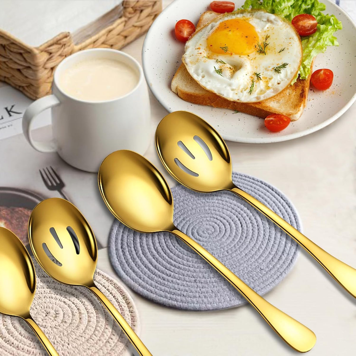 Gold Large Serving Spoons, 8 Pieces Large Stainless Steel Serving Spoons Set Includes 4 Large Serving Spoon,4 Large Slotted Spoons. Serving Spoons for Parties/Buffet, Dishwasher Safe, 10-Inch