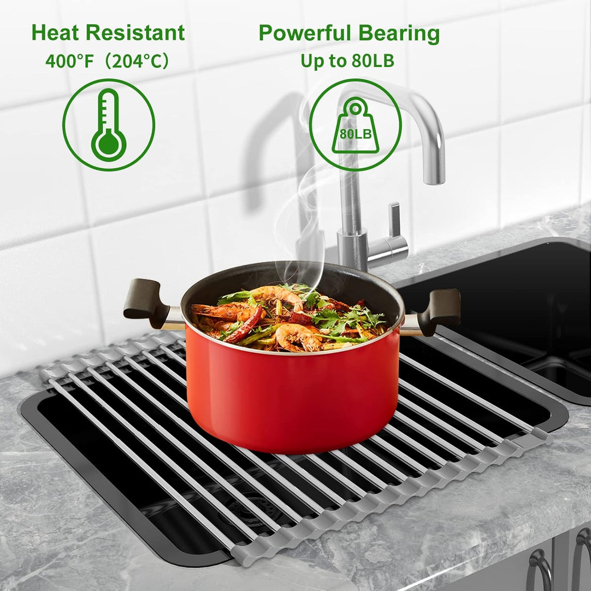 Expandable Roll Up Dish Drying Rack, 23.6"L x 13.0"W Large Stainless Steel Over The Sink Dish Drying Rack with Silicone Wrapped Anti-Slip Foldable Multipurpose Dish Drainers for Kitchen Sink