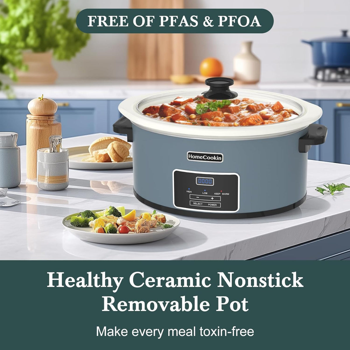 HOMECOOKIN 6-Quart Programmable Slow Cooker with Timer - Small Kitchen Appliance for Family Dinners - Serves 6+ People - Heat Settings: Keep Warm(Blue)