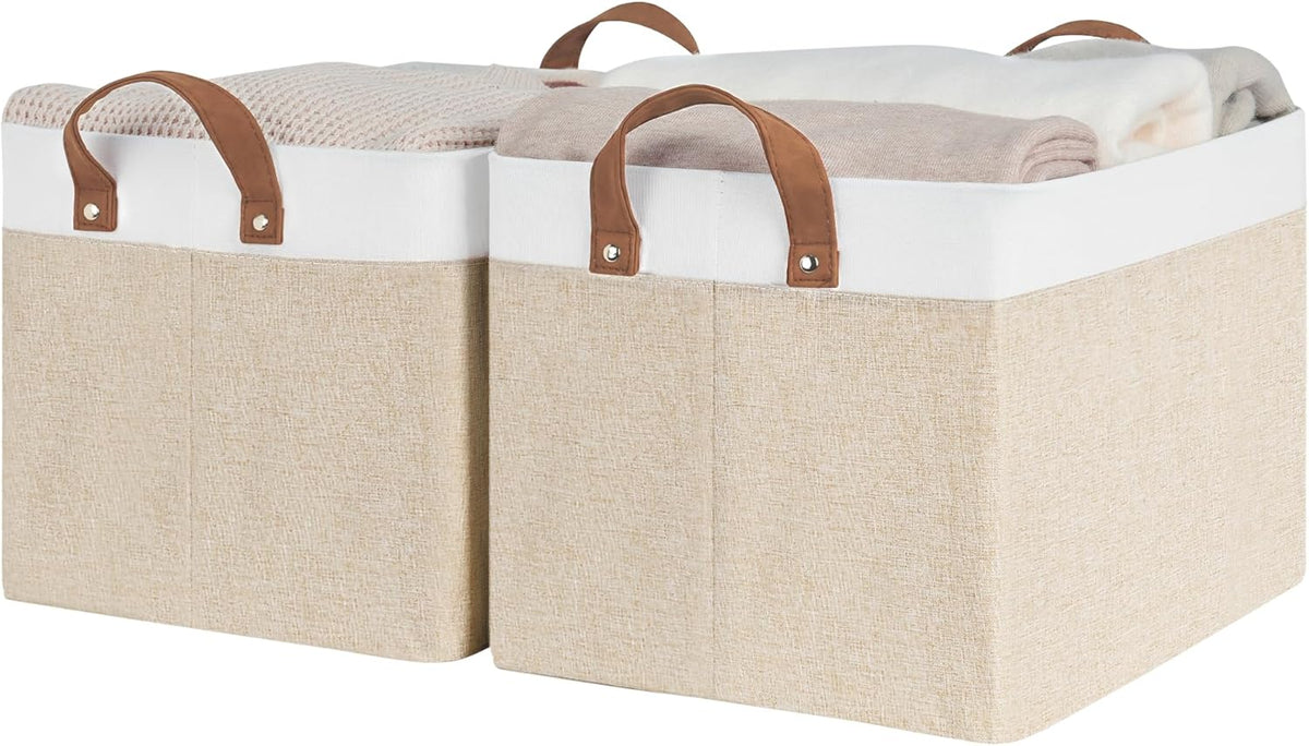 StorageWorks Storage Bins, Fabric Storage Bins for Shelves, Large Storage Baskets with Metal Frame, Closet Baskets and Bins with Handles, Brown and White, 2-Pack