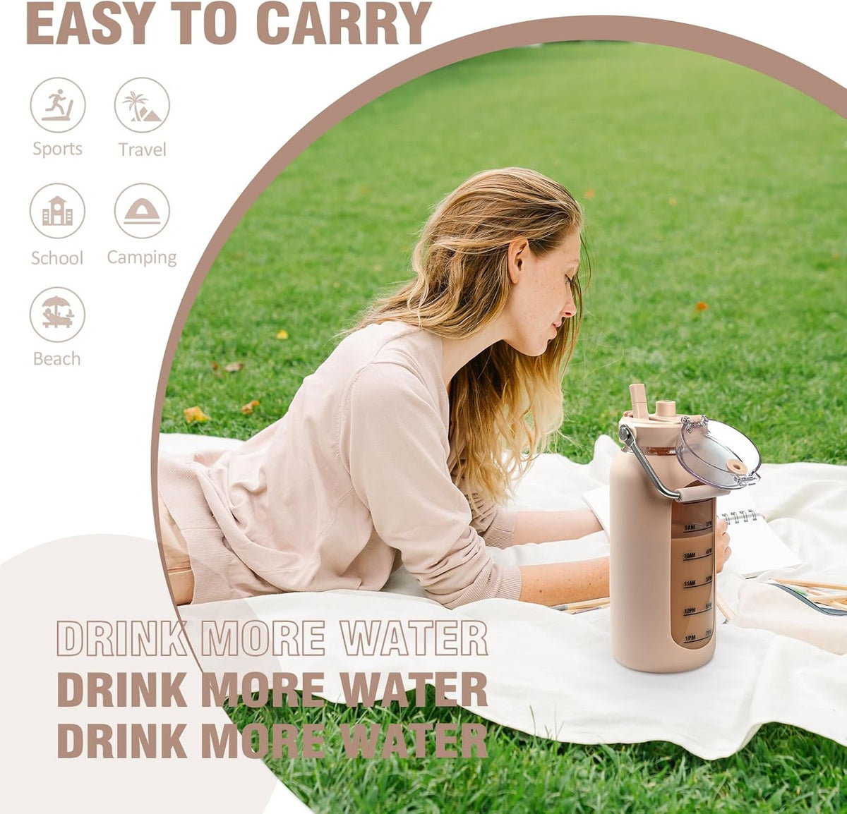 kytffu 64 oz Glass Water Bottle with Straw and Stainless Steel Handle, Half Gallon Water Bottle with Silicone Sleeve and Time Marker, 2L Large Glass Bottle for Gym, School, Travel, Leak-proof (Amber)