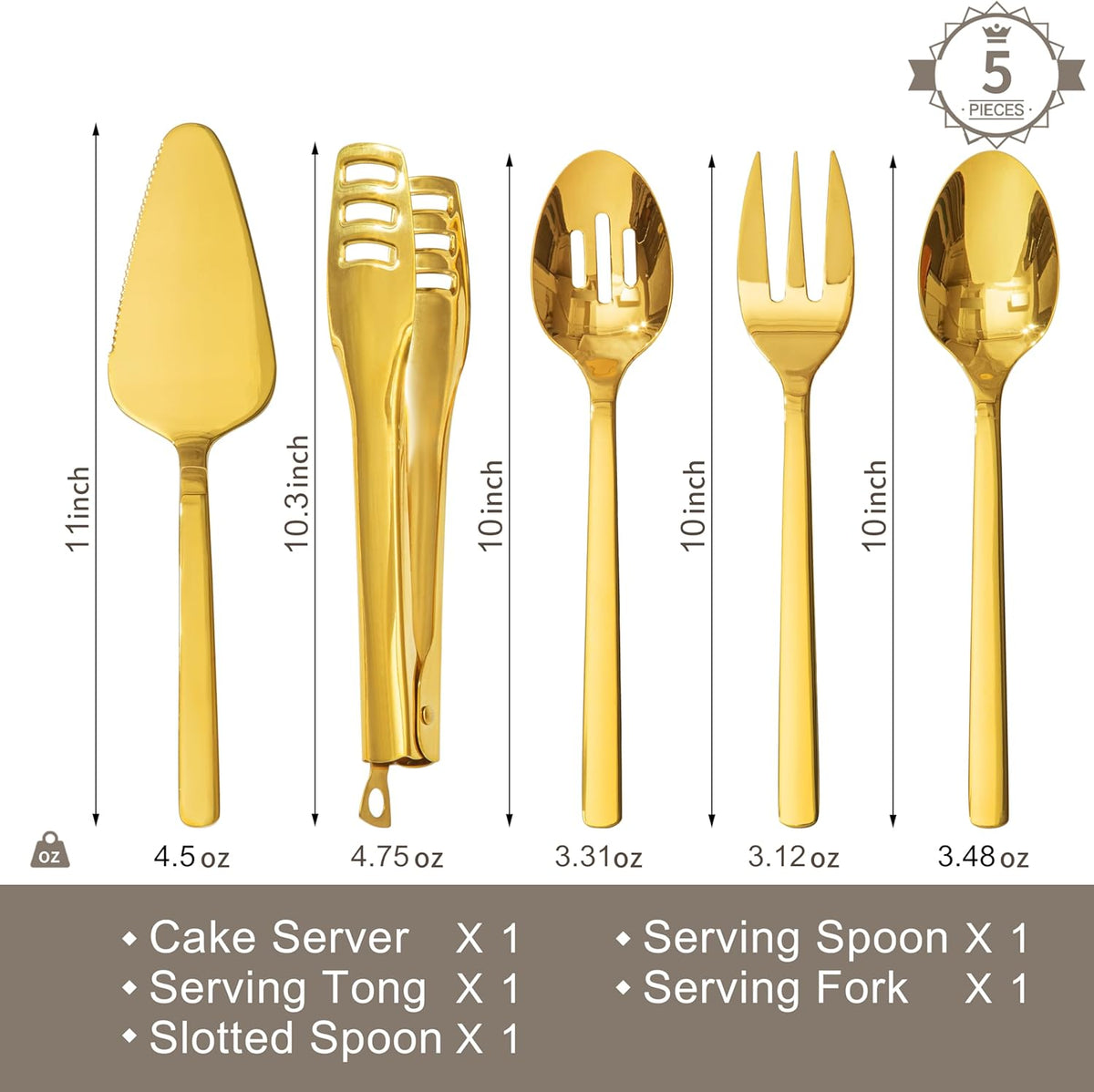 KINGSTONE Large Hostess Serving Utensils Set,18/10 Stainless Steel Heavy Duty 10inch Serving Spoons,Slotted Spoons,Serving Fork,Serving Tongs, Cake Pie Server For Buffet, Wedding, Party, Gold