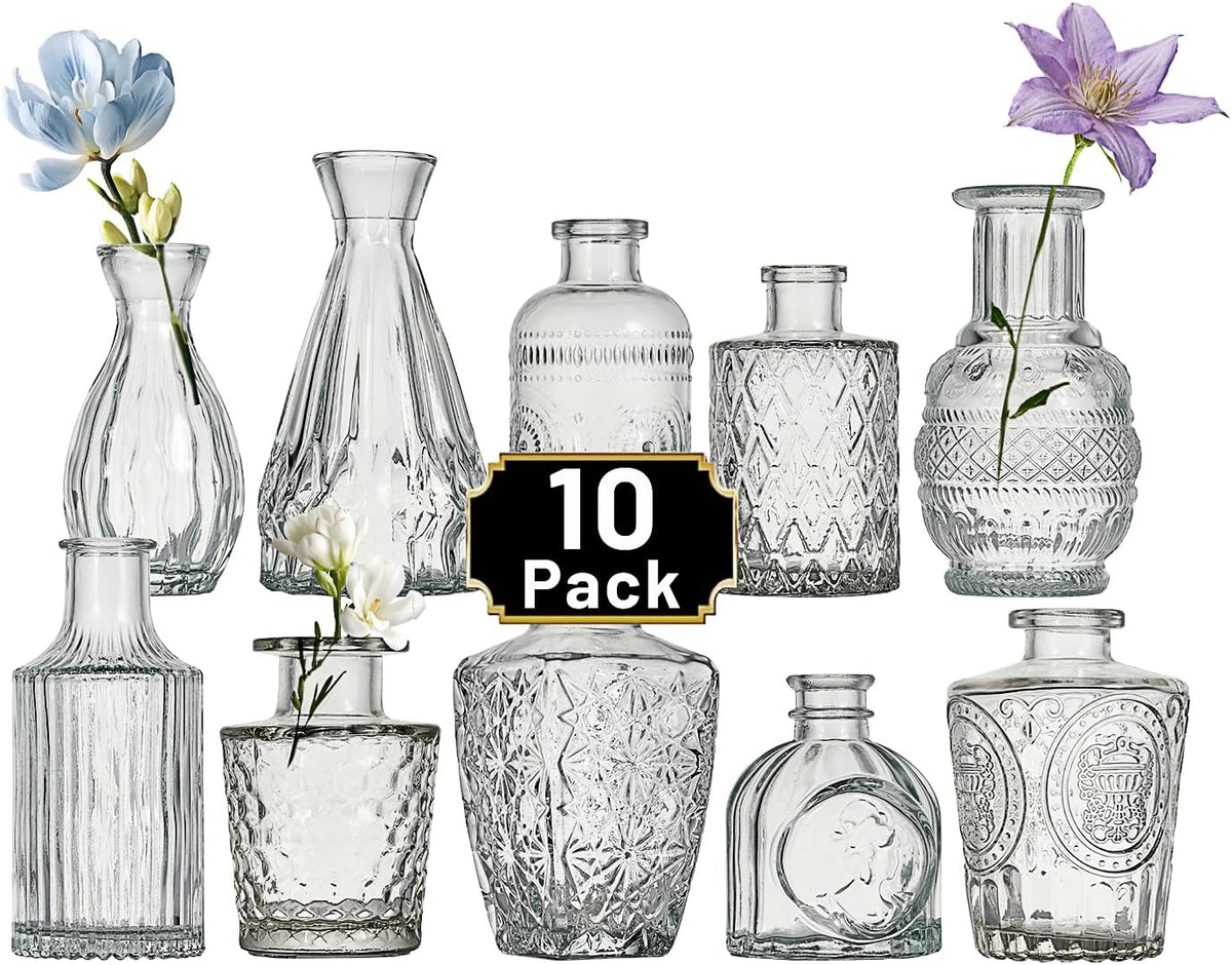Glass Bud Vase Set of 10 Pcs Small Minimalist Vases for Flowers, Vintage Rustic Home Decor for Table Centerpiece Wedding Party, Modern Clear Aromatherapy Bottle for Living Room Bedroom