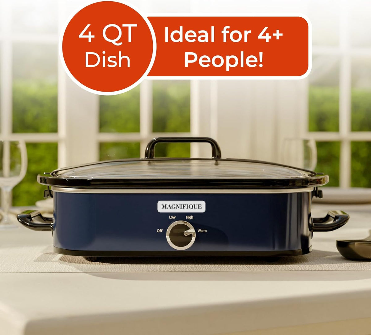 [NEW] MAGNIFIQUE 4-Quart Slow Cooker with Casserole Manual Warm Setting - Perfect Kitchen Small Appliance for Family Dinners, Dishwasher Safe Crock, Blue
