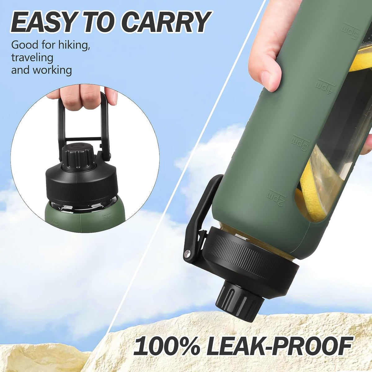 32oz Glass Water Bottle with Straw and 2 Lids- Bamboo Straw and Spout Lid with Phone Holder for Gym, Glass Drinking Bottles with Silicone Sleeve and Motivational Time Marker, Olive