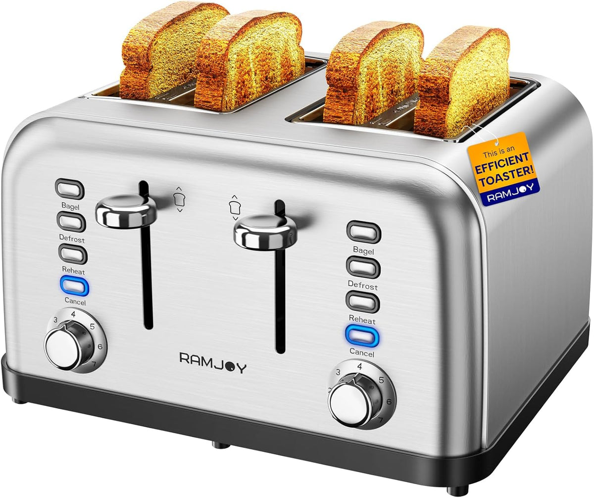 Toaster 4 Slice, Dual Independent Controls, Extra Wide Slot Toasters for Bagel, Bread, Waffles, 7 Shade Settings, 4 Main Functions, Removable Crumb Tray, 1500 Watts, Brushed Stainless Steel