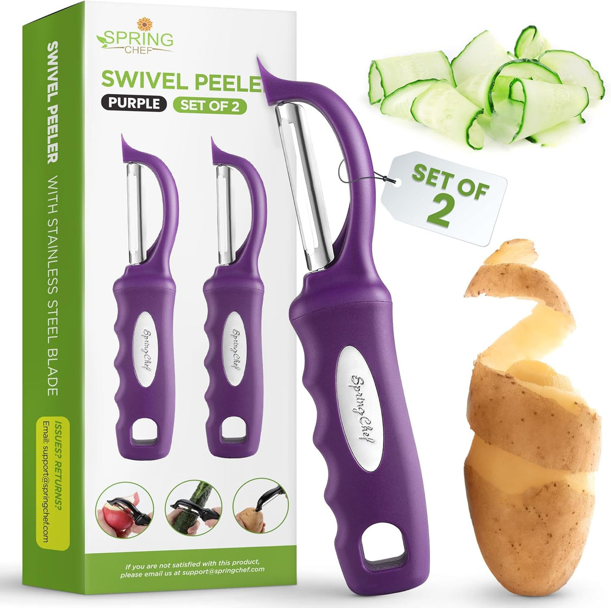 Spring Chef Professional Purple Swivel Potato Peelers for Kitchen, Stainless Steel Veggie Peeler with Soft Grip Handle, Dishwasher Safe, Grate for Peeling Apple, Fruit, Carrot, Cucumber, Purple