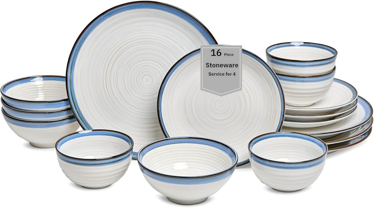 Sango Siterra Santorini 16-Piece White Stoneware Dinnerware Set – Service for 4, Plate & Bowl Set, Rustic White with Reactive Blue Glaze, for Daily Dining & Entertainment, Microwave & Dishwasher Safe