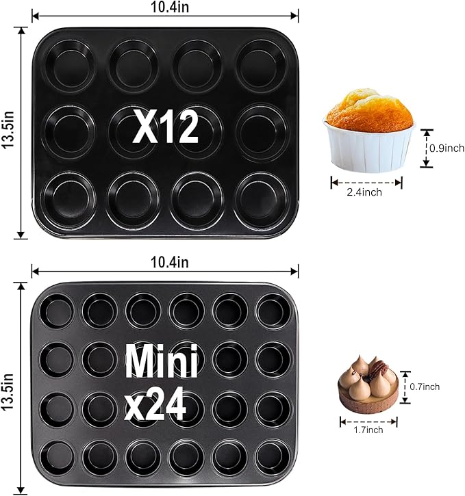 2 Pack Premium Bakeware 24-Cup, Mini Muffin Pan, Dishwasher Oven Safe (Black, Steel)