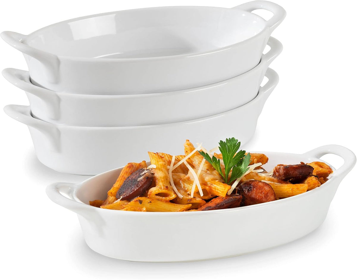 Oval Au Gratin Baking Dishes for Oven Safe and Microwave Cooking and Baking, 4 Pc. Set, Heat Resistant Ceramic with Handles for Serving, Small Mini Casserole Dish, 8" x 5", 16 oz, White