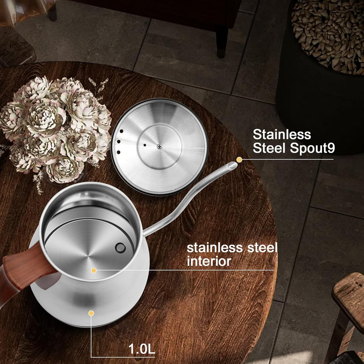 SEEDEEM Gooseneck Electric Kettle Full Touch Screen 1200W Electric Tea & Coffee Kettle with Four Heating Modes Rapid Heating,±1℉ Temperature Control，Keep Warm Mode,1L Electric kettle