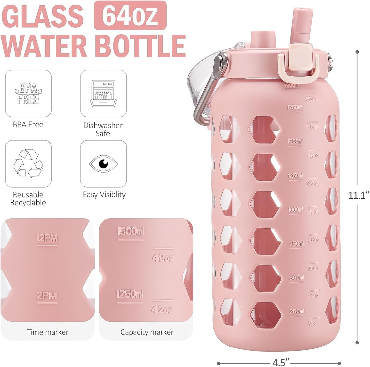 MUKOKO 64oz Glass Water Bottles with Straw and Lid,Half Gallon Water Bottle with Time Marker,Large Glass Water Jug with Silicone Sleeve and Stainless Steel Handle-Pink