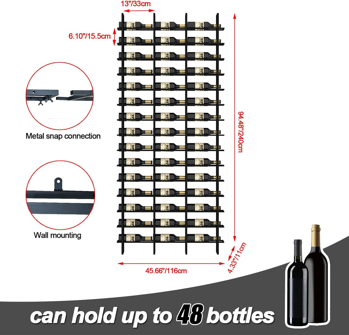 Wine Rack Freestanding Floor, 16 Tier 48 Bottle Capacity Display Holder, Industrial Wine Bottle Storage Shelves, for Any Bar, Wine Cellar, Kitchen, Dining Room (Brown, 3 Column)