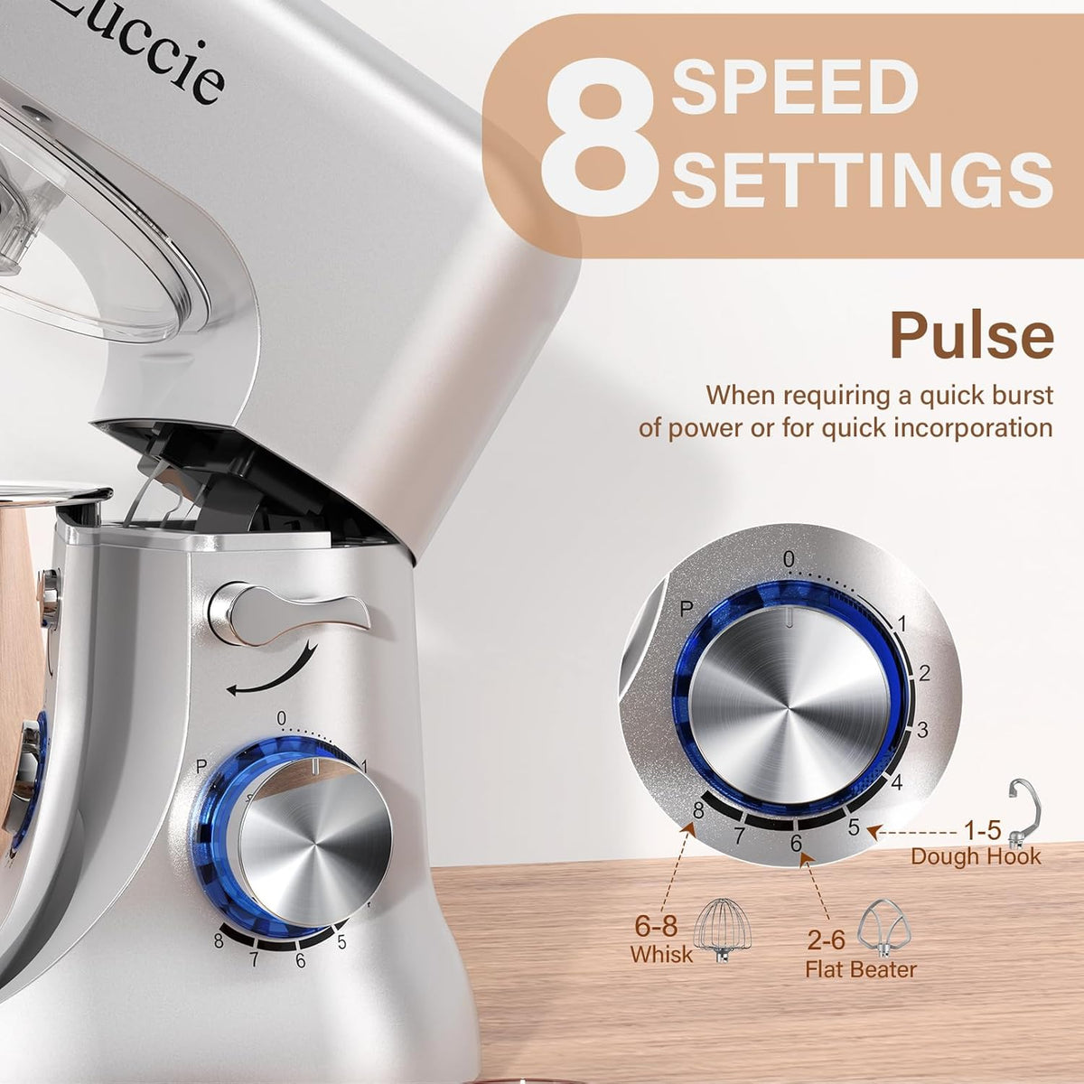 Stand Mixer, Zuccie 4.8QT Kitchen Electric Stand Mixer, 380W Motor Power Food Mixer, 8+P-Speed Dough Mixer with Dough Hook, Wire Whip & Beater, Silver