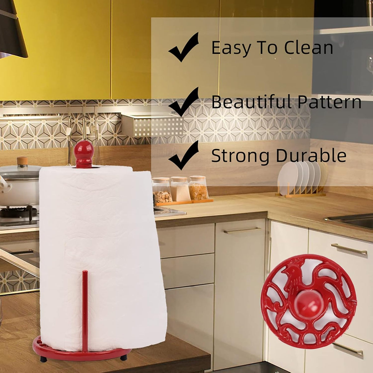 Vintage Paper Towel Stand - Cast Iron Kitchen Countertop Decor, Easy Tear Roll Towel Holder, Red