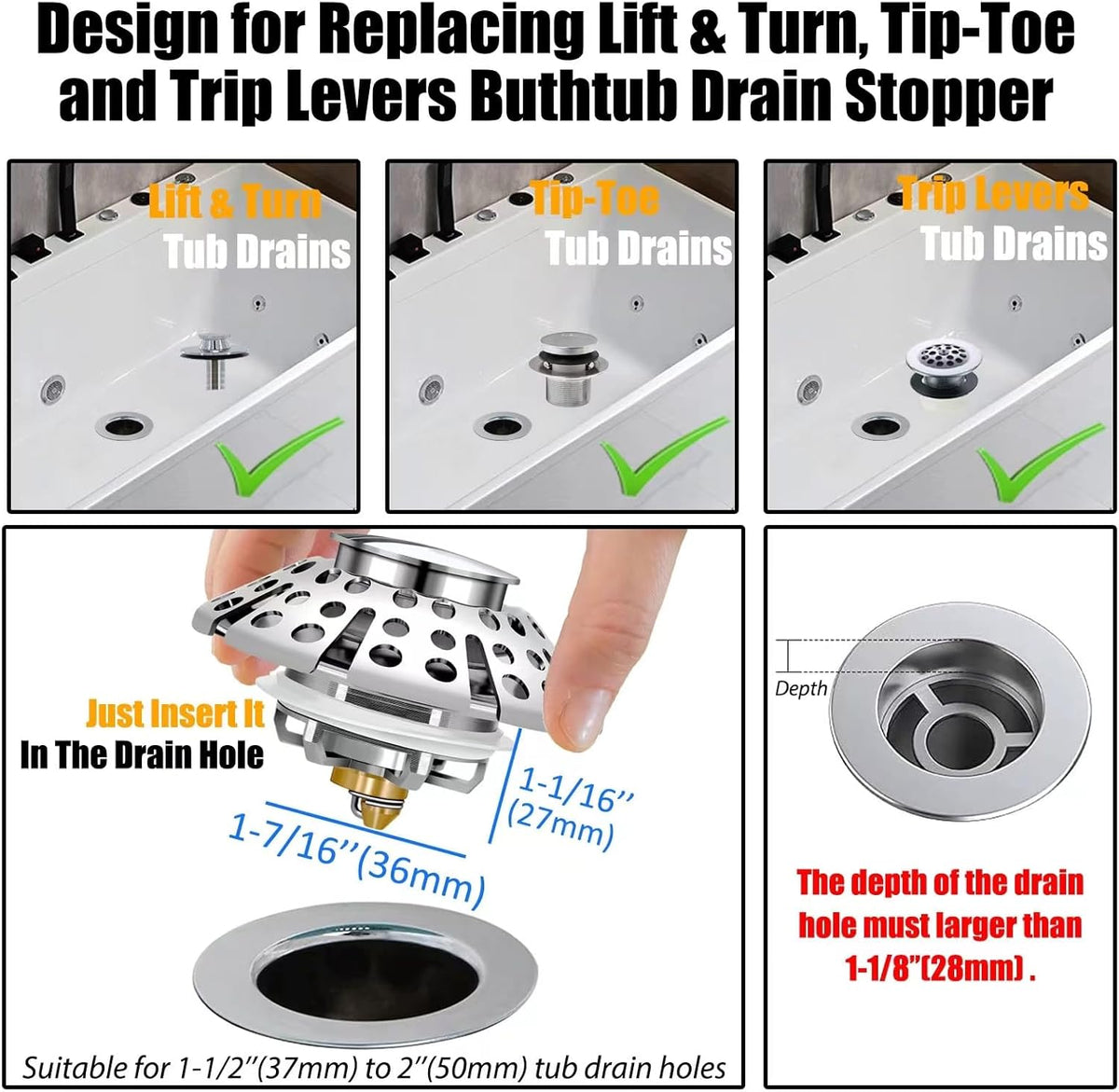 Bathtub Drain Stopper, Pop Up Tub Stopper with Drain Hair Catcher, Bathtub Plug and Cover with Strainer, Universal for 1.5 to 1.8in Tub Drain Hole