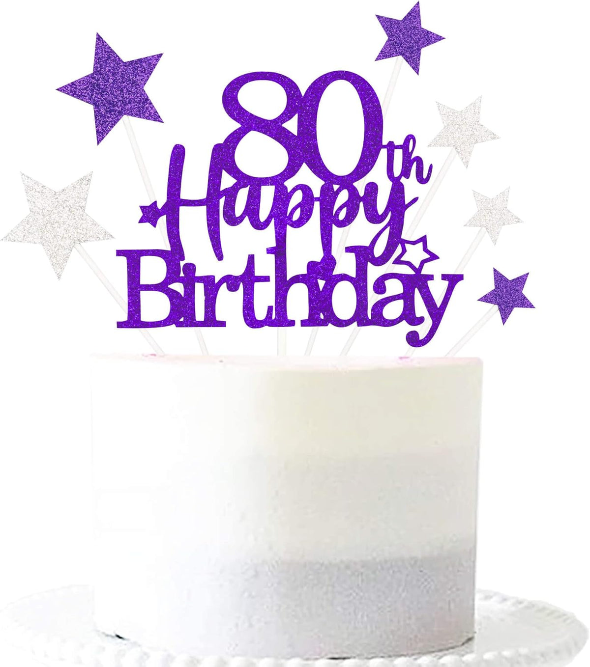 Glittery 80th Happy Birthday Cake Topper with Star,Personalised 80 Birthday Cake Toppers Party Decorations Party Supplies for Men Women Purple Silver